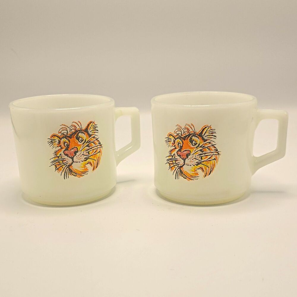 Vintage Pair of 2 Fire King Esso Exxon Tiger Milk Glass Coffee Mugs Handle